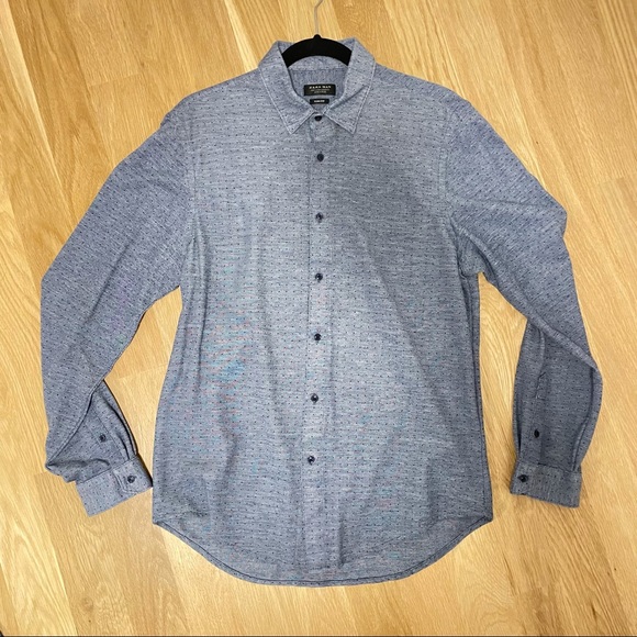 ZARA Chambray Polka-Dot Button-Up Collared Shirt L Long-Sleeve Blue Slim Fit - Picture 5 of 8